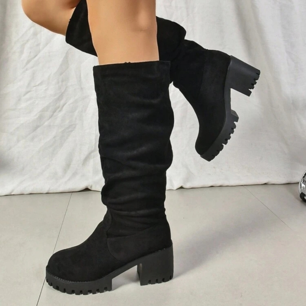 Elegant Black Knee-High Faux Suede Women's Slouch Boots Size 6 / 36